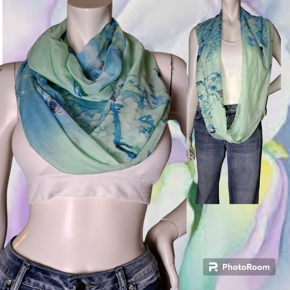 FINCHES & FLORALS Silky Long Beautiful Scarf Mint, Blues, Lavender Spring Colors